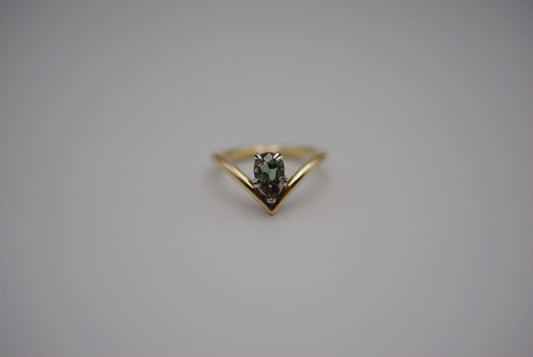 Sapphire Ring: Pear Cut, Green Gold Chevron Band, White Gold Setting