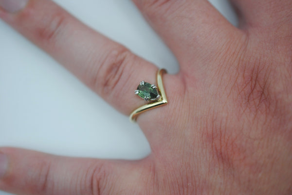Sapphire Ring: Pear Cut, Green Gold Chevron Band, White Gold Setting