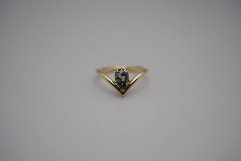 Sapphire Ring: Pear Cut, Green Gold Chevron Band, White Gold Setting