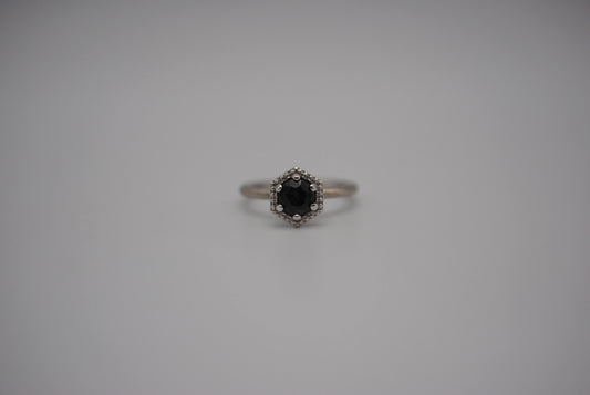 Sapphire Ring: Round Cut, Hexagon Diamond Halo, Palladium White Gold, Stardust Texture