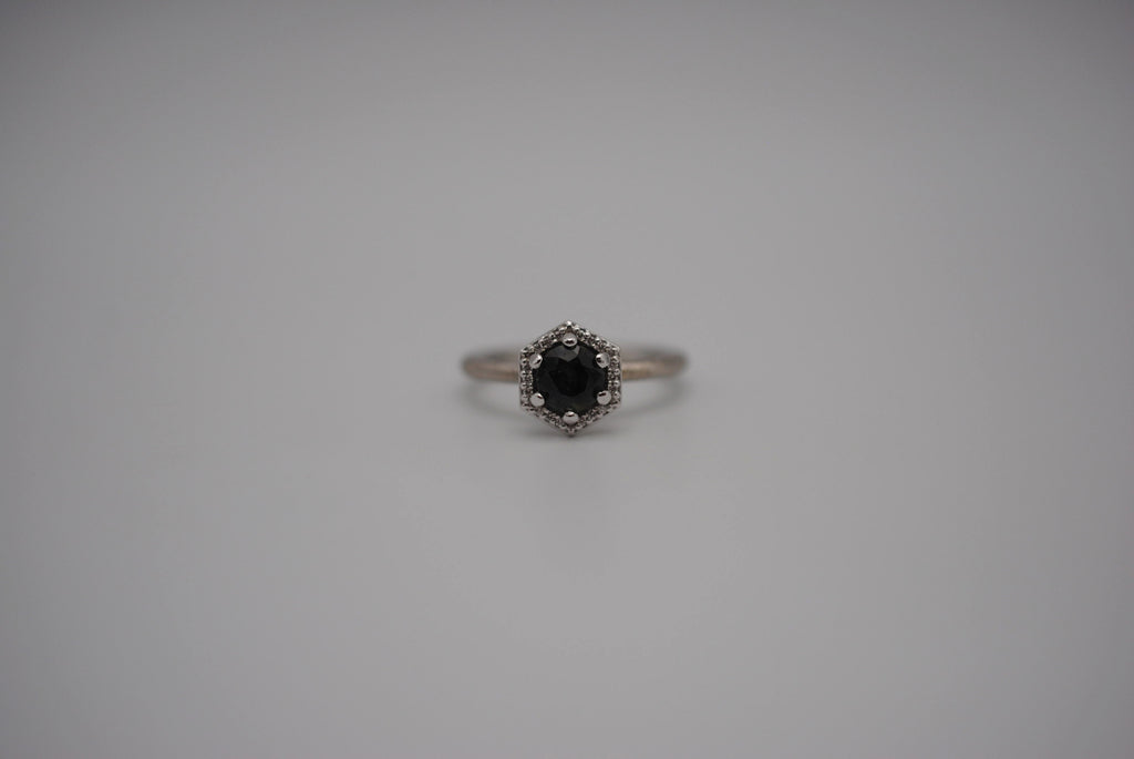 Sapphire Ring: Round Cut, Hexagon Diamond Halo, Palladium White Gold, Stardust Texture