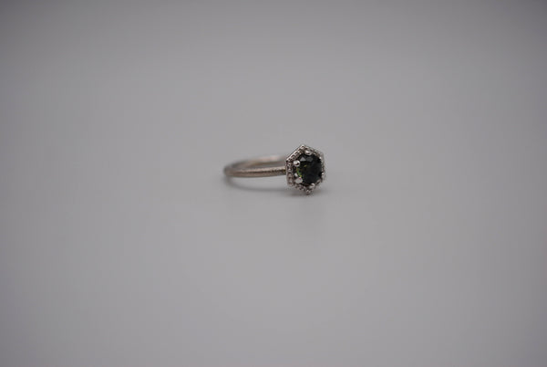Sapphire Ring: Round Cut, Hexagon Diamond Halo, Palladium White Gold, Stardust Texture