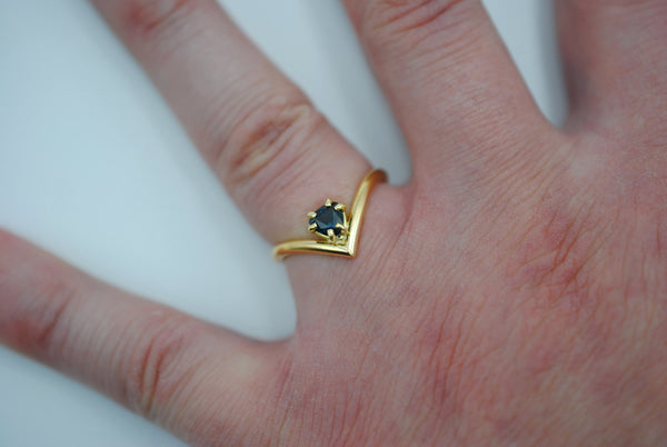 Sapphire Ring: Trillion Cut, Chevron, Yellow Gold Fill