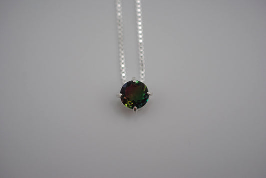 Tourmaline Necklace: Round Cut, Silver Prong Setting, Adjustable Box Chain