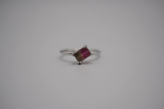 Tourmaline Ring: Emerald Cut, Offset, Silver Double Prong Setting