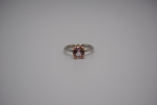 Tourmaline Ring: Round Cut, White Gold Band, Rose Gold Double Prong Setting
