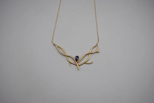 Alexandrite Necklace: Branching Nest, Pear Cut, Yellow Gold, Rounded Box Chain
