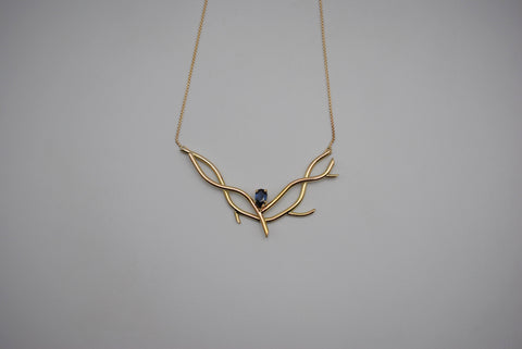 Alexandrite Necklace: Branching Nest, Pear Cut, Yellow Gold, Rounded Box Chain