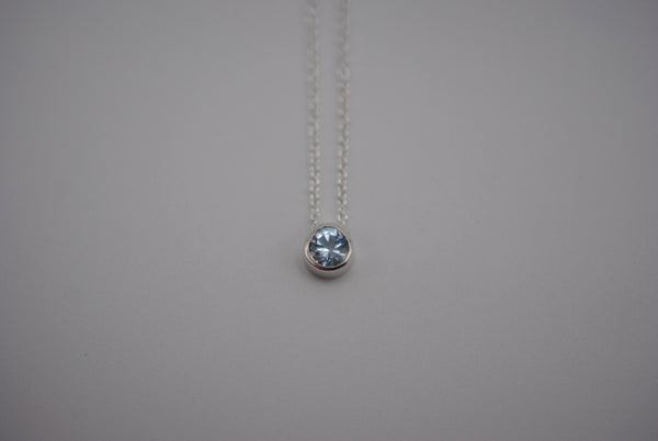 Birthstone Necklace: Round Aquamarine, Bezel, Silver, Cable Chain