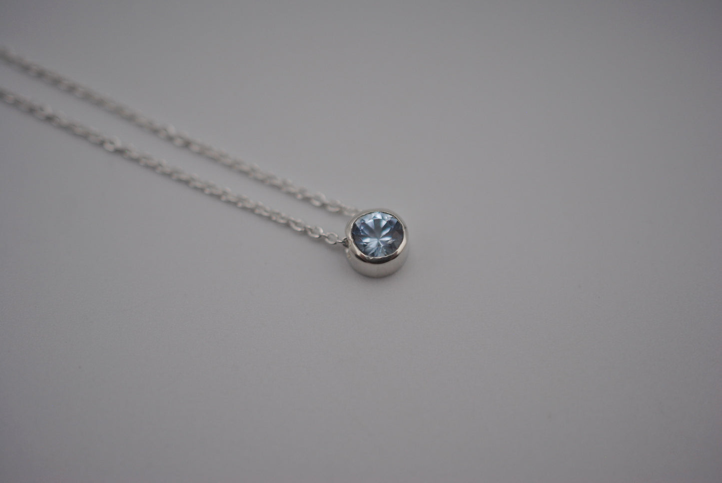 Birthstone Necklace: Round Aquamarine, Bezel, Silver, Cable Chain