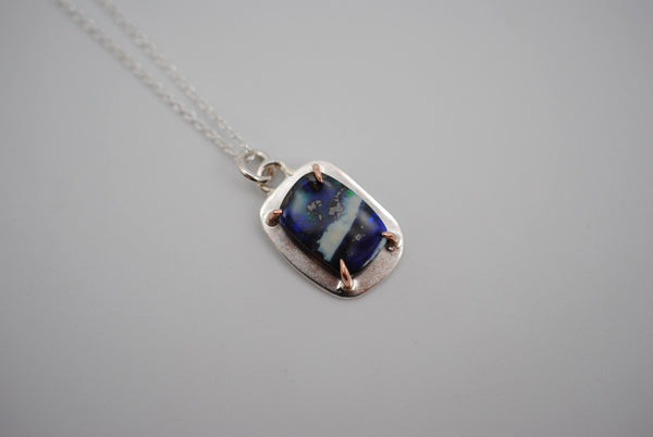 Boulder Opal with 14K Rose Gold Prongs Pedant Necklace on a Cable Chain