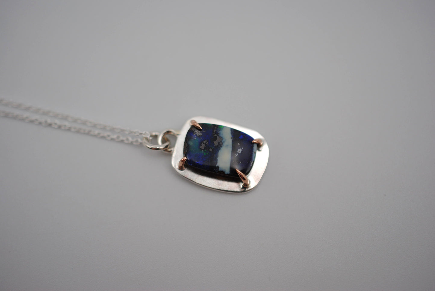 Boulder Opal with 14K Rose Gold Prongs Pedant Necklace on a Cable Chain