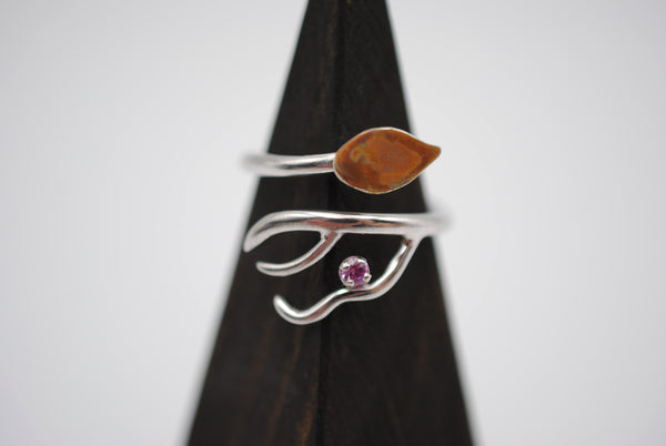 Branching Copper Leaf Rhodium Roots Ring with Pink Tourmaline Gemstone