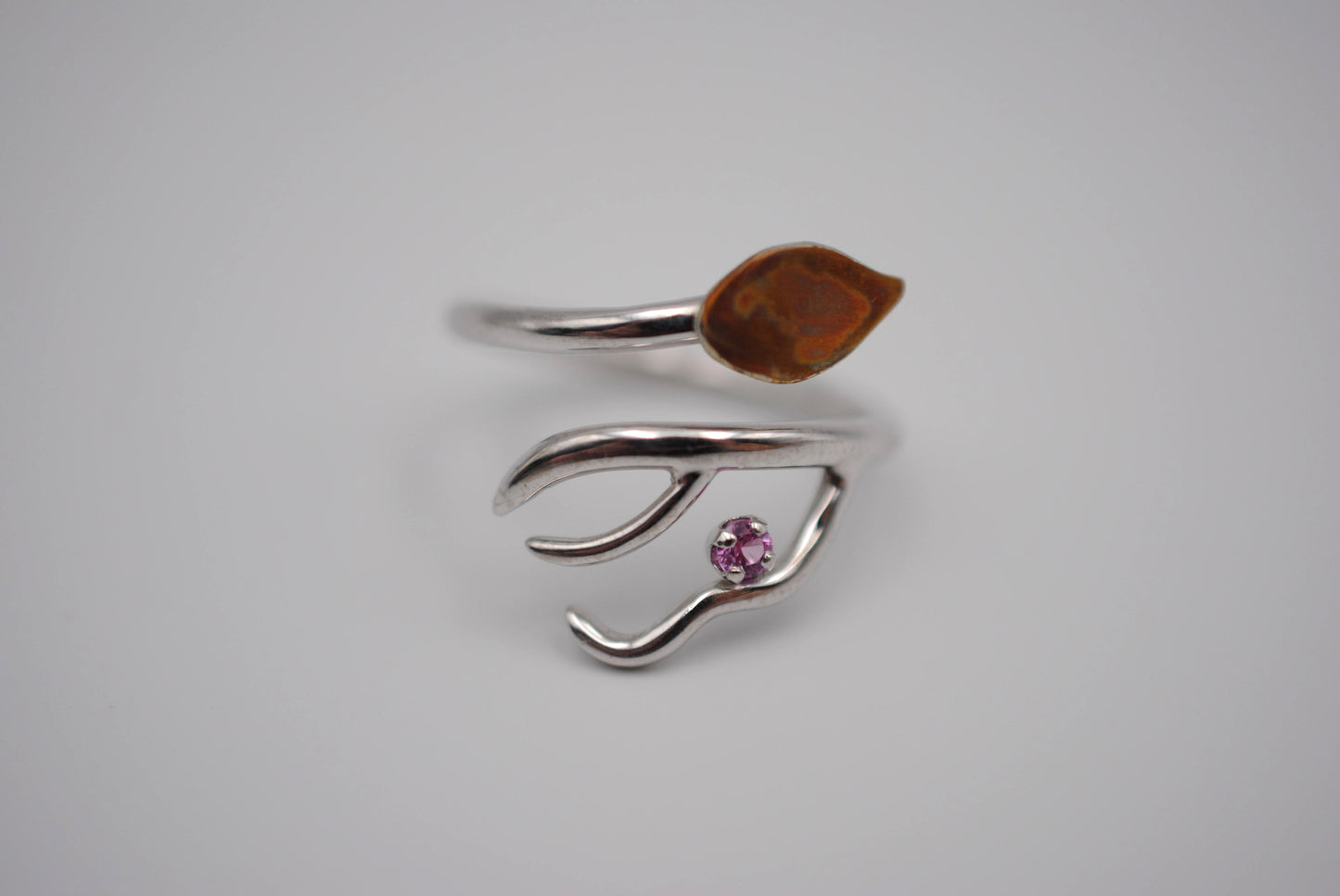 Branching Copper Leaf Rhodium Roots Ring with Pink Tourmaline Gemstone