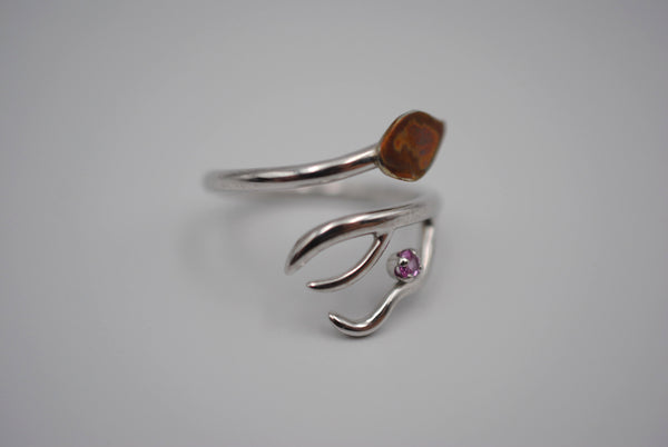 Branching Copper Leaf Rhodium Roots Ring with Pink Tourmaline Gemstone