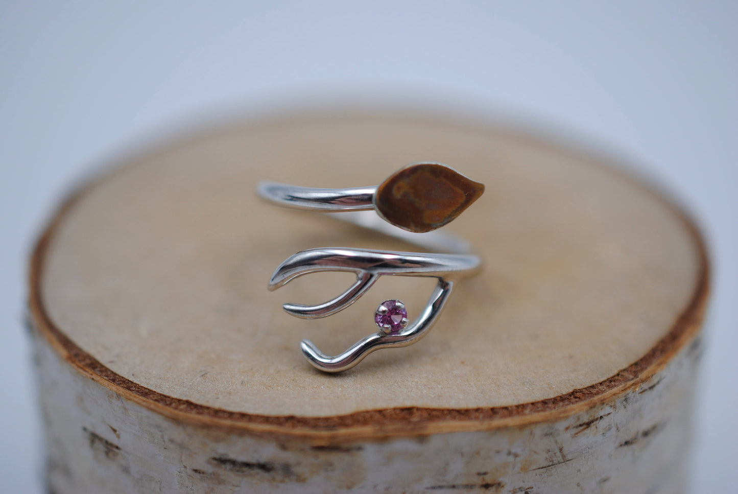 Branching Copper Leaf Rhodium Roots Ring with Pink Tourmaline Gemstone