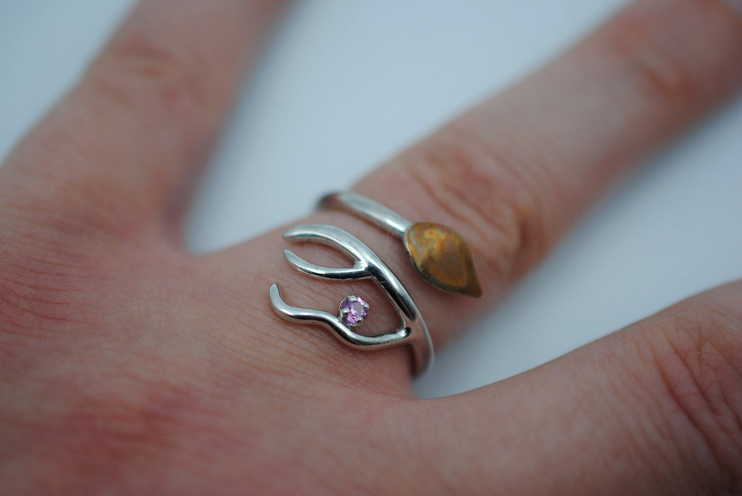 Branching Copper Leaf Rhodium Roots Ring with Pink Tourmaline Gemstone