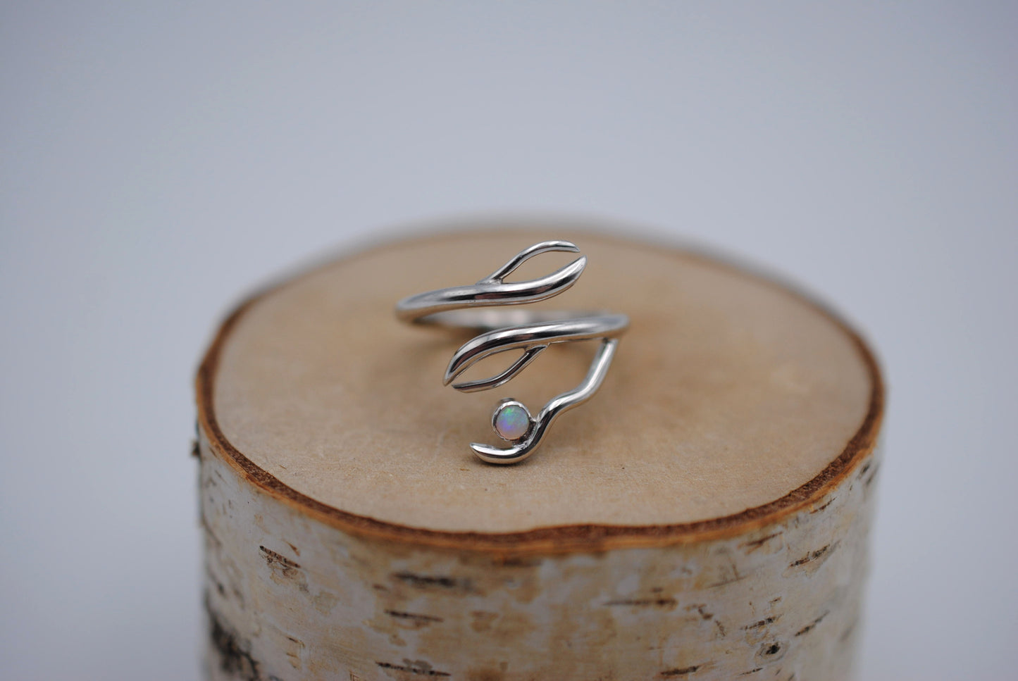 Branching Rhodium Roots Ring with an Opal