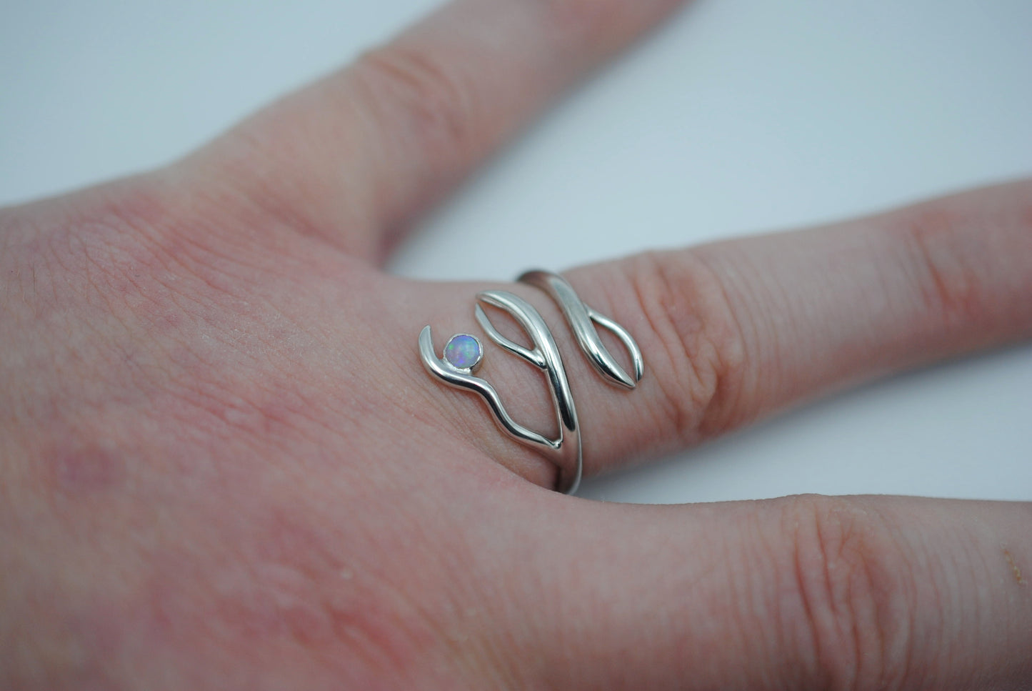 Branching Rhodium Roots Ring with an Opal