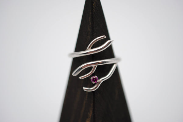 Branching Rhodium Roots Ring with a Ruby Gemstone