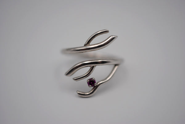 Branching Rhodium Roots Ring with a Ruby Gemstone