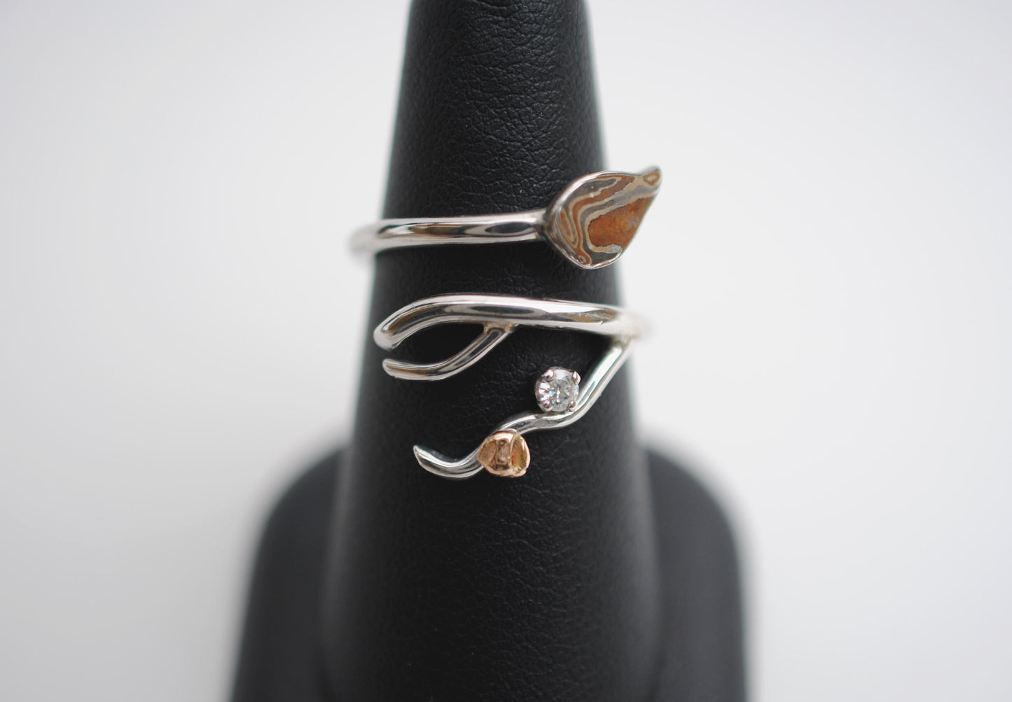 Branching Mokume Leaf Rhodium Wedding Ring with Moissanite and Gold Accent