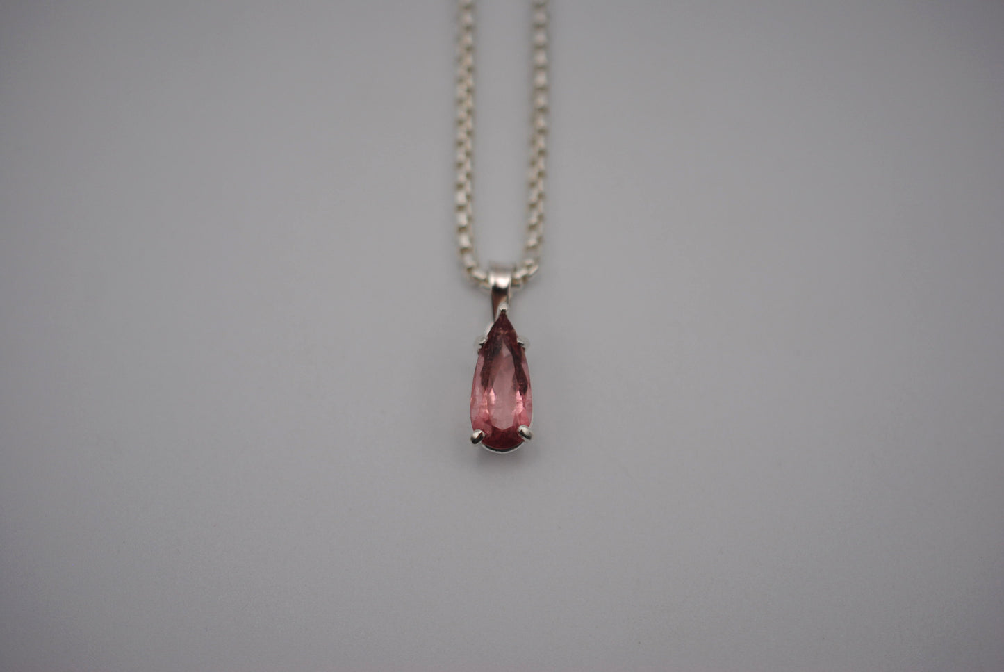 Elongated Pear Pink Tourmaline Pendant Necklace on Rounded Box Chain