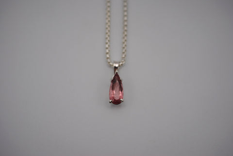 Elongated Pear Pink Tourmaline Pendant Necklace on Rounded Box Chain