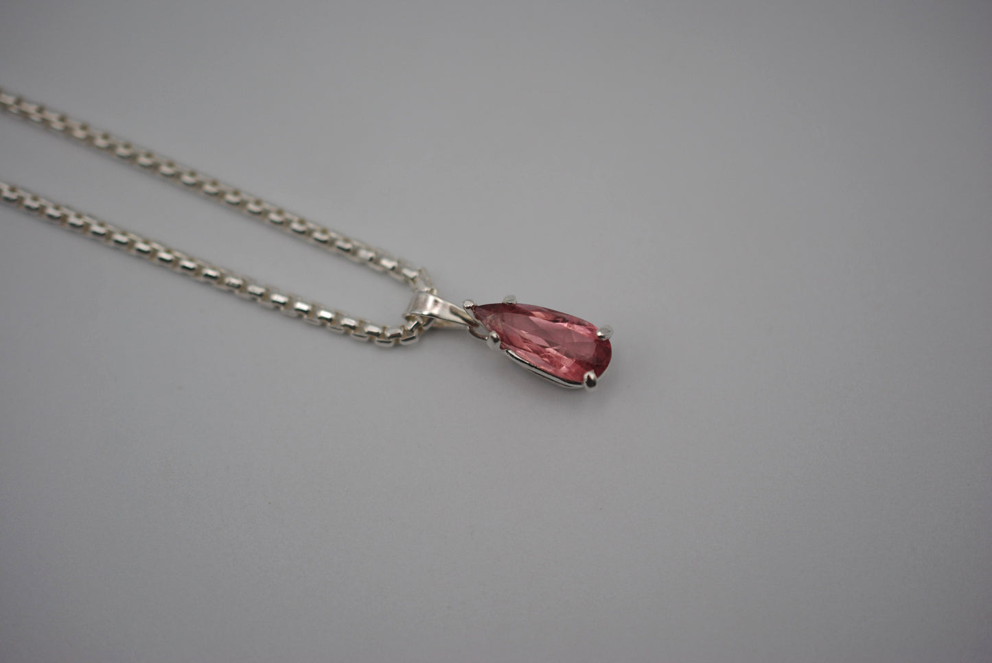 Elongated Pear Pink Tourmaline Pendant Necklace on Rounded Box Chain