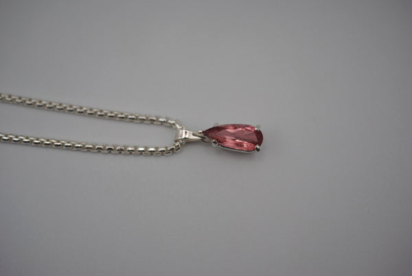 Elongated Pear Pink Tourmaline Pendant Necklace on Rounded Box Chain