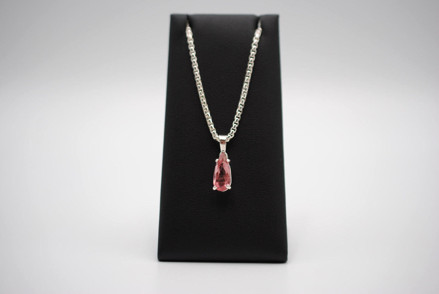 Elongated Pear Pink Tourmaline Pendant Necklace on Rounded Box Chain