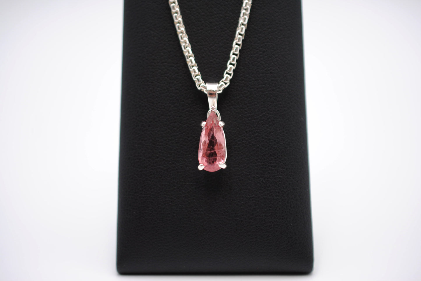 Elongated Pear Pink Tourmaline Pendant Necklace on Rounded Box Chain