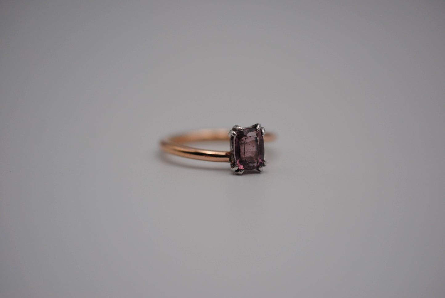 Malaia Garnet Ring: Emerald Cut, Rose Gold Bypass Band, White Gold Setting