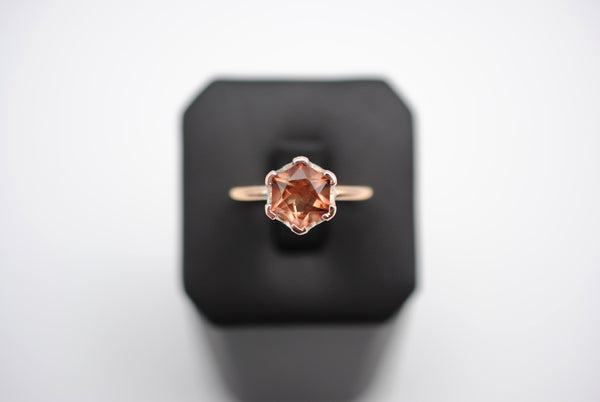 Hexagon Oregon Sunstone Solitaire Ring Rose Gold Band with Etched Mokume Gane Setting