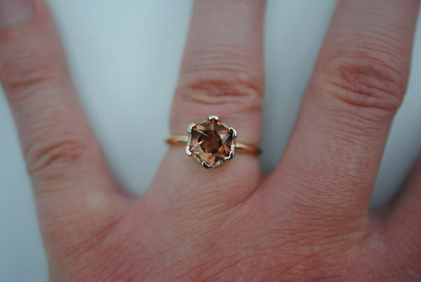 Hexagon Oregon Sunstone Solitaire Ring Rose Gold Band with Etched Mokume Gane Setting