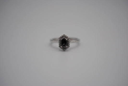 Salt and Pepper Diamond Ring: Hexagon cut, White Gold Band, Diamond Halo Setting