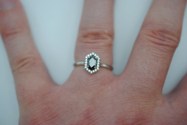 Salt and Pepper Diamond Ring: Hexagon cut, White Gold Band, Diamond Halo Setting