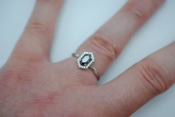 Salt and Pepper Diamond Ring: Hexagon cut, White Gold Band, Diamond Halo Setting