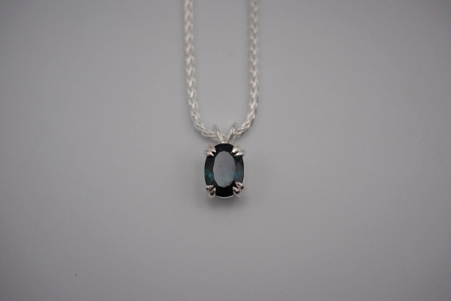 Indicolite Tourmaline Necklace: Oval Cut, Silver Basket Setting, Wheat Chain