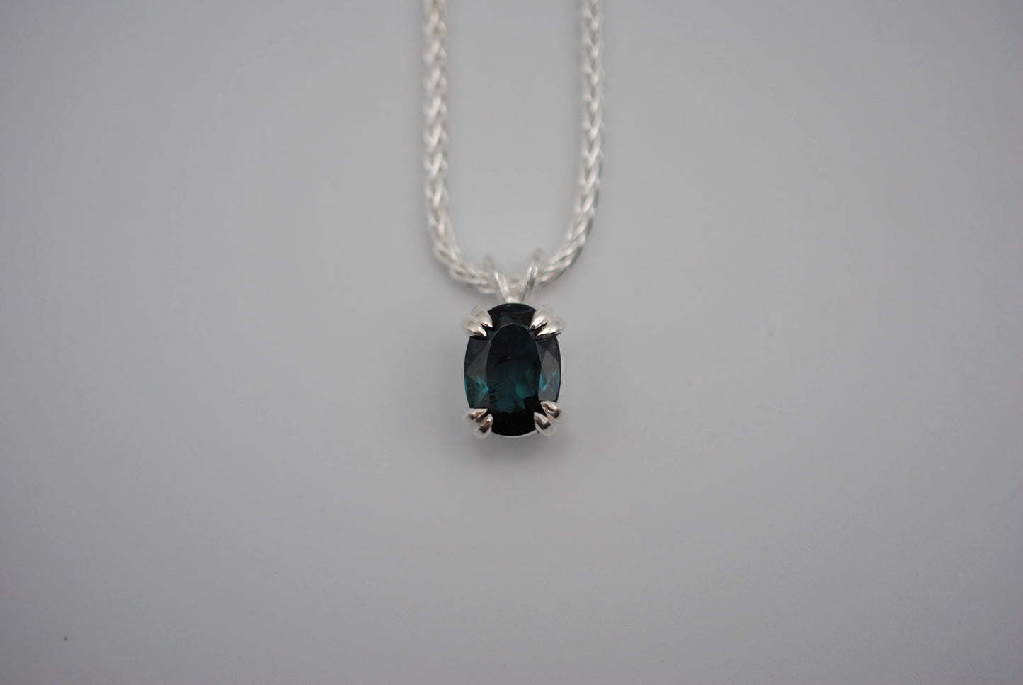 Indicolite Tourmaline Necklace: Oval Cut, Silver Basket Setting, Wheat Chain