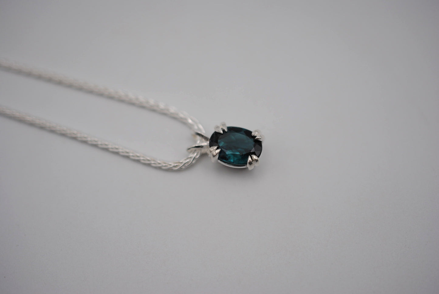 Indicolite Tourmaline Necklace: Oval Cut, Silver Basket Setting, Wheat Chain