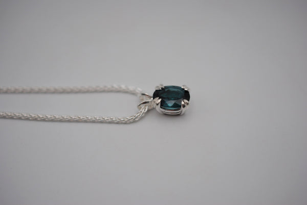 Indicolite Tourmaline Necklace: Oval Cut, Silver Basket Setting, Wheat Chain