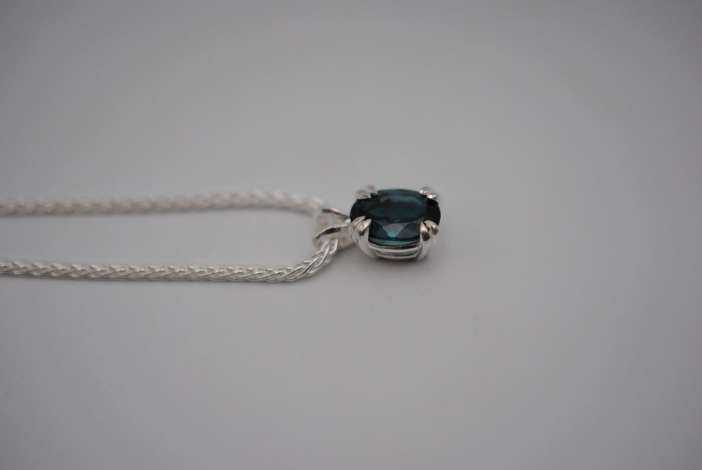 Indicolite Tourmaline Necklace: Oval Cut, Silver Basket Setting, Wheat Chain