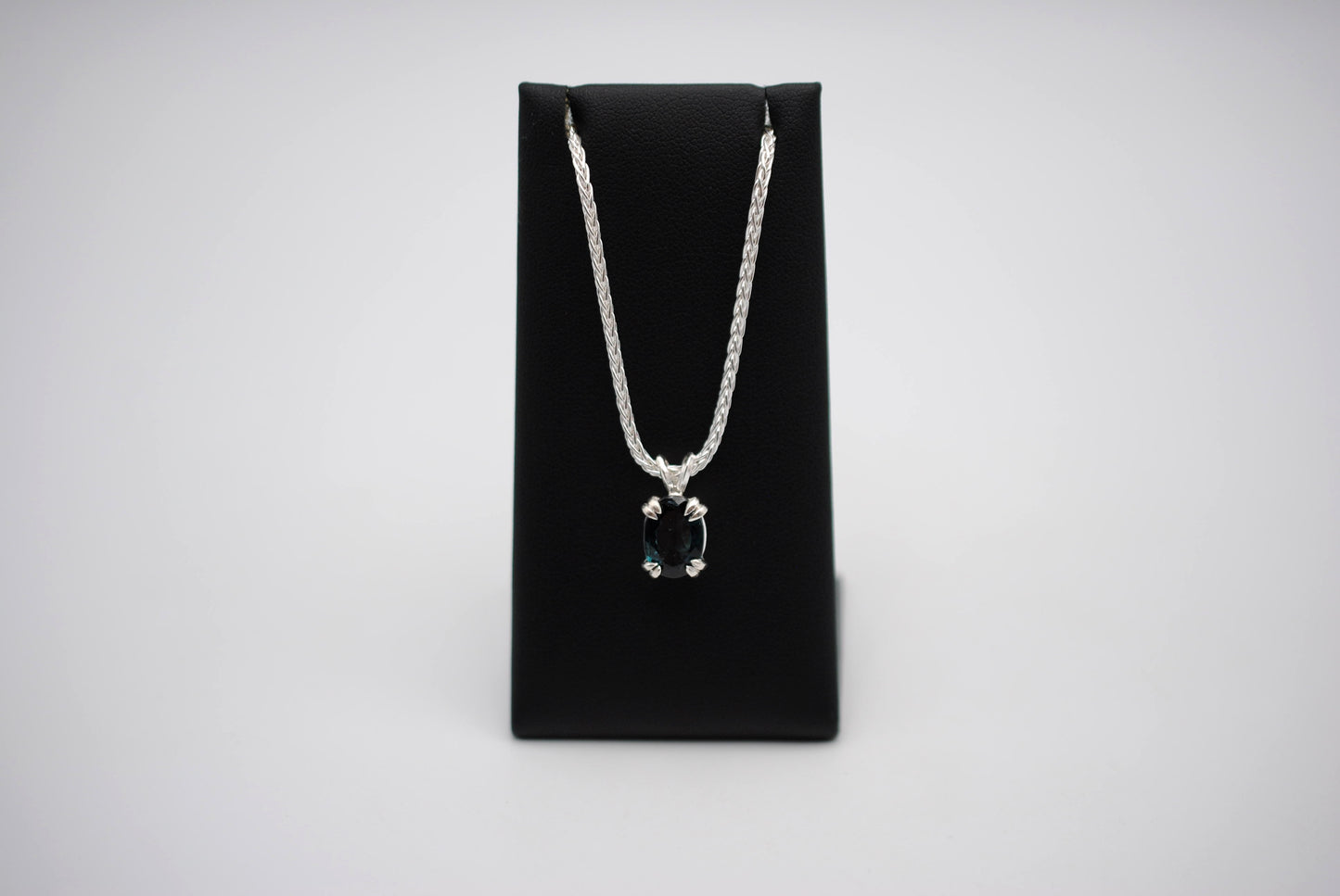 Indicolite Tourmaline Necklace: Oval Cut, Silver Basket Setting, Wheat Chain