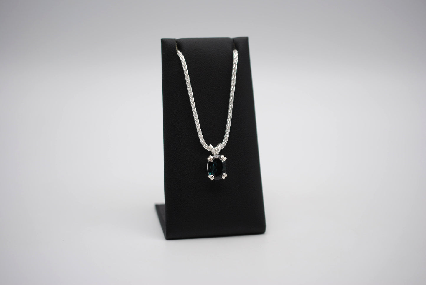 Indicolite Tourmaline Necklace: Oval Cut, Silver Basket Setting, Wheat Chain