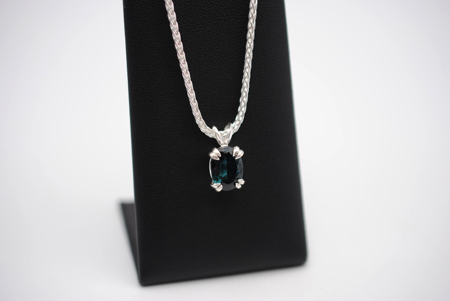 Indicolite Tourmaline Necklace: Oval Cut, Silver Basket Setting, Wheat Chain