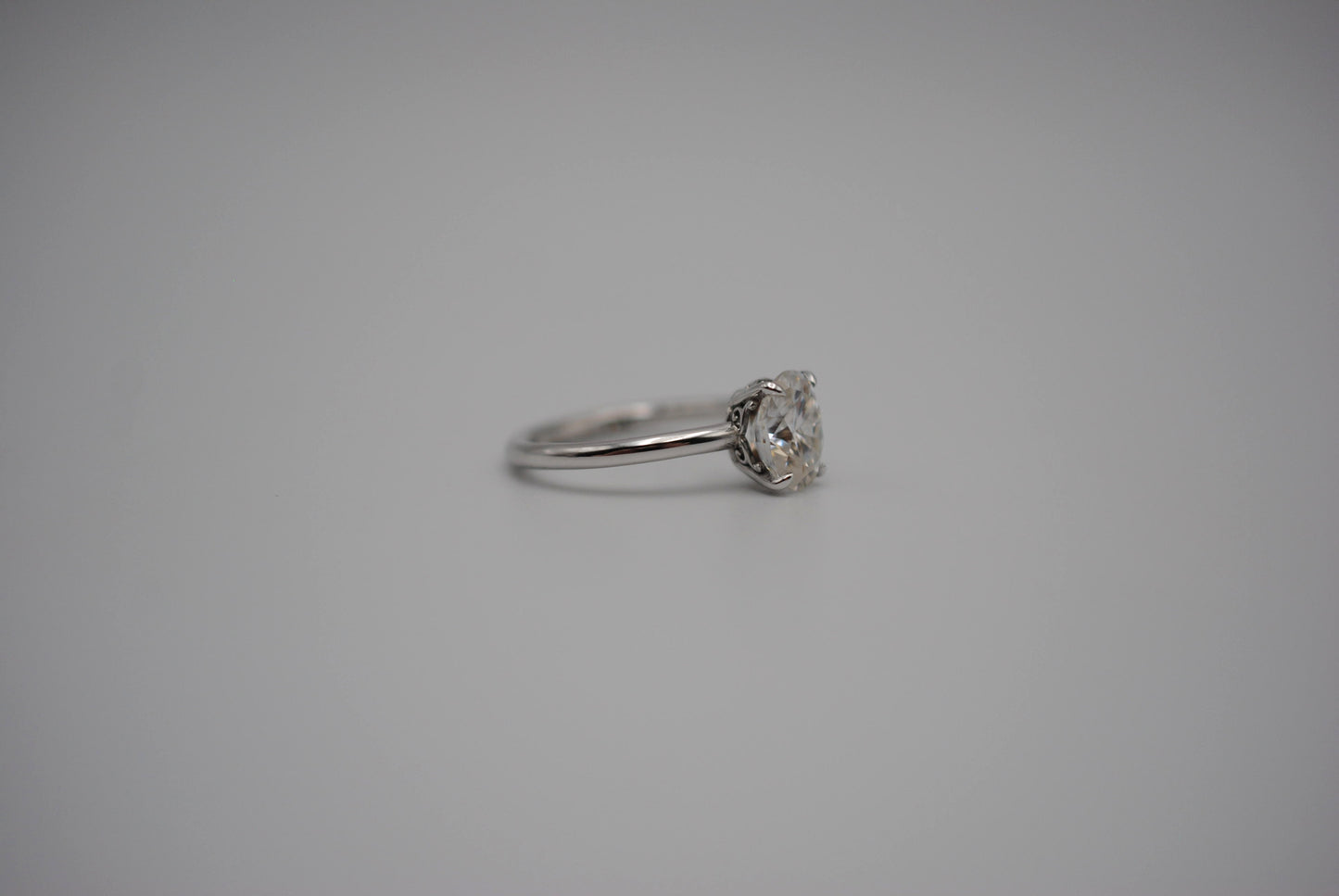 Moissanite Ring: Oval Cut, White Gold, Filligree Prong Setting