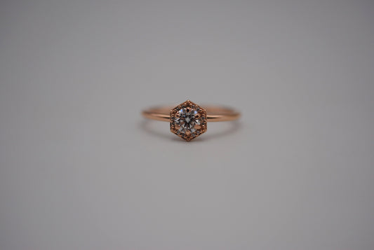 Moissanite Ring: Round Cut, Hexagon Diamond Halo, Rose Gold