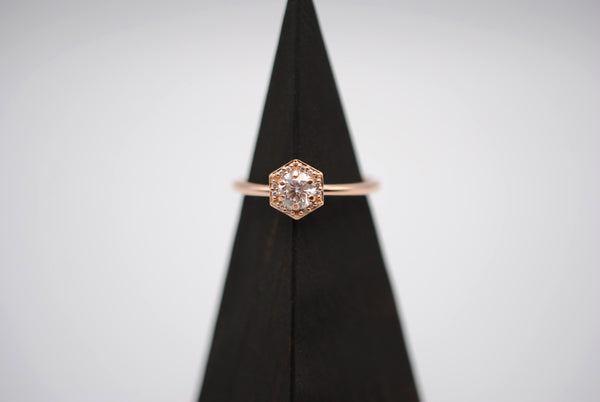 Moissanite Ring: Round Cut, Hexagon Diamond Halo, Rose Gold