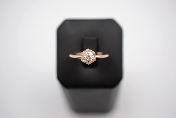 Moissanite Ring: Round Cut, Hexagon Diamond Halo, Rose Gold